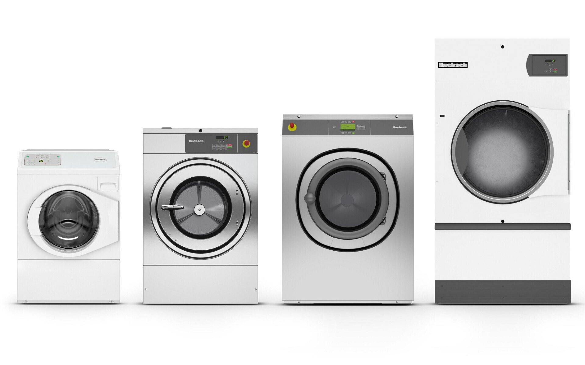 A lineup of four Huebsch commercial laundry machines, from a compact front-load washer to a large tumble dryer, arranged by size against a white background.